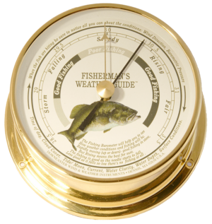 fisherman's barometer with graphic of fish and a display that shows when is a good time to fish